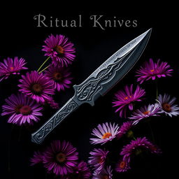 A dramatic book cover design featuring a real ritual knife at the center, with intricate carvings on the blade and a uniquely designed handle, showcasing a bold and mystical aesthetic