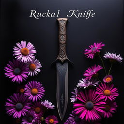 A dramatic book cover design featuring a real ritual knife at the center, with intricate carvings on the blade and a uniquely designed handle, showcasing a bold and mystical aesthetic