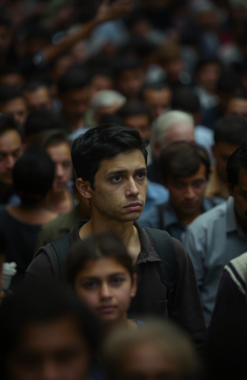 A crowded scene with a background filled with indistinct, blurred faces representing a bustling environment, contrasted by a single person in sharp focus at the forefront