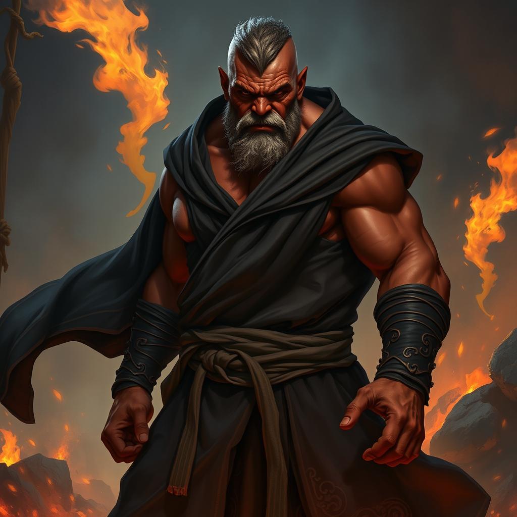 A serious adult fire goliath monk in dark robes, showcasing a strong battle stance