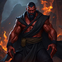 A serious adult fire goliath monk in dark robes, showcasing a strong battle stance