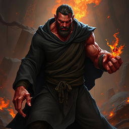 A serious adult fire goliath monk in dark robes, showcasing a strong battle stance