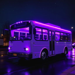 A light purple bus adorned with vibrant neon trim around its edges, roof, and windows