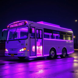 A light purple bus adorned with vibrant neon trim around its edges, roof, and windows
