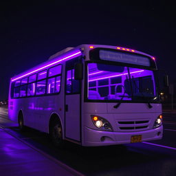 A light purple bus adorned with vibrant neon trim around its edges, roof, and windows