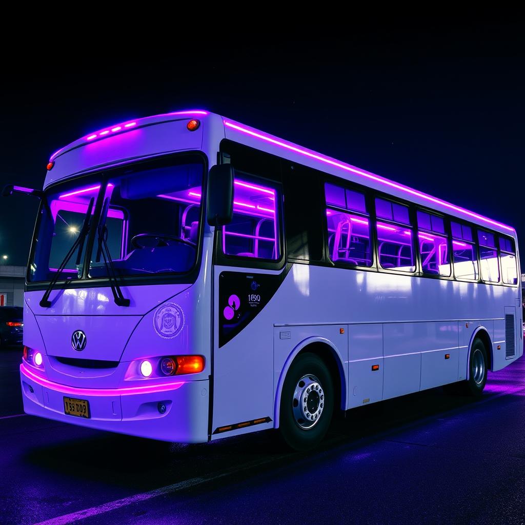 A light purple bus adorned with vibrant neon trim around its edges, roof, and windows