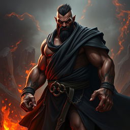 A serious adult fire goliath monk in dark robes, showcasing a strong battle stance