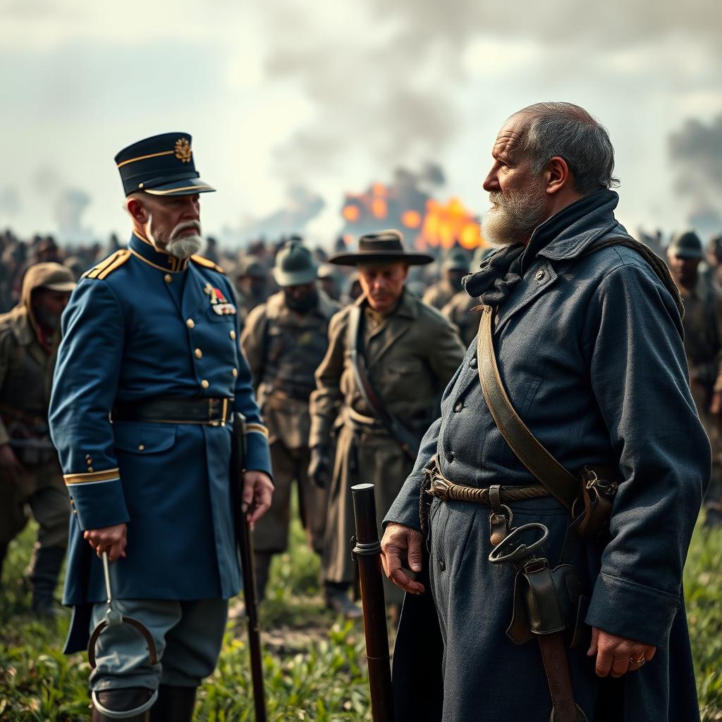 A dramatic historical scene depicting a Civil War Union general in a blue uniform, complete with a tall hat and military decorations, standing confidently facing a Black slave soldier in tattered clothing, looking both defiant and dignified