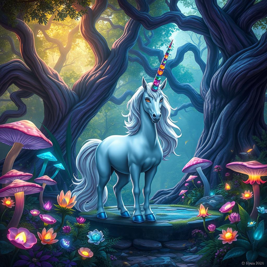 A mystical unicorn standing majestically in a vibrant fantasy forest, surrounded by fantastical flora and glowing magical elements