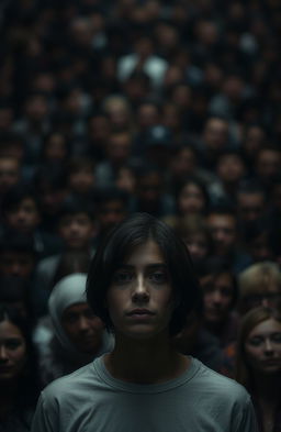 A background filled with indistinct, blurred faces, creating a sense of noise and many voices, while in the foreground, one person is sharply in focus
