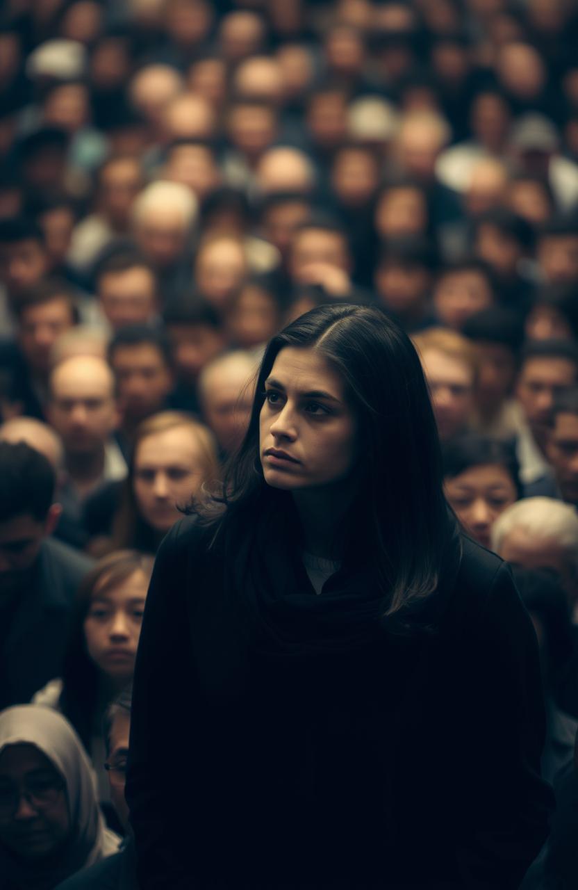 A background filled with indistinct, blurred faces, creating a sense of noise and many voices, while in the foreground, one person is sharply in focus