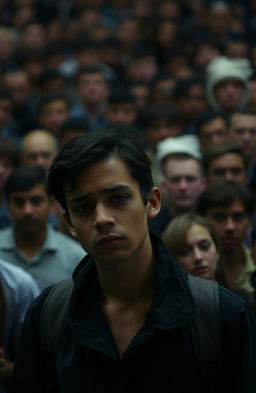 A background filled with indistinct, blurred faces, creating a sense of noise and many voices, while in the foreground, one person is sharply in focus