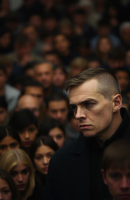 A background filled with indistinct, blurred faces, creating a sense of noise and many voices, while in the foreground, one person is sharply in focus