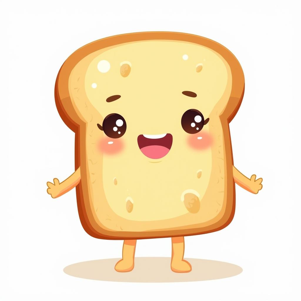 A cute, cartoon-style illustration of a bread toast with a joyful expression, featuring a big smile and dreamy eyes