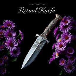 A captivating book cover design featuring a real ritual knife at the center, displaying ornate carvings on the blade and a uniquely shaped handle, exuding an aura of mystery and tradition