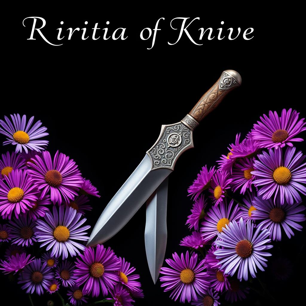 A captivating book cover design featuring a real ritual knife at the center, displaying ornate carvings on the blade and a uniquely shaped handle, exuding an aura of mystery and tradition