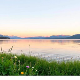 A serene lakeside scene for a book cover, featuring a tranquil lake reflecting soft pastel colors of the sunset