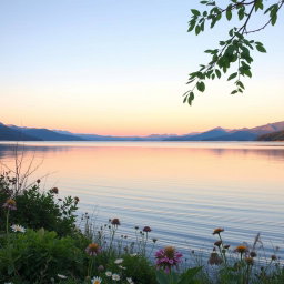 A serene lakeside scene for a book cover, featuring a tranquil lake reflecting soft pastel colors of the sunset