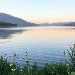 A serene lakeside scene for a book cover, featuring a tranquil lake reflecting soft pastel colors of the sunset