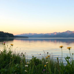 A serene lakeside scene for a book cover, featuring a tranquil lake reflecting soft pastel colors of the sunset