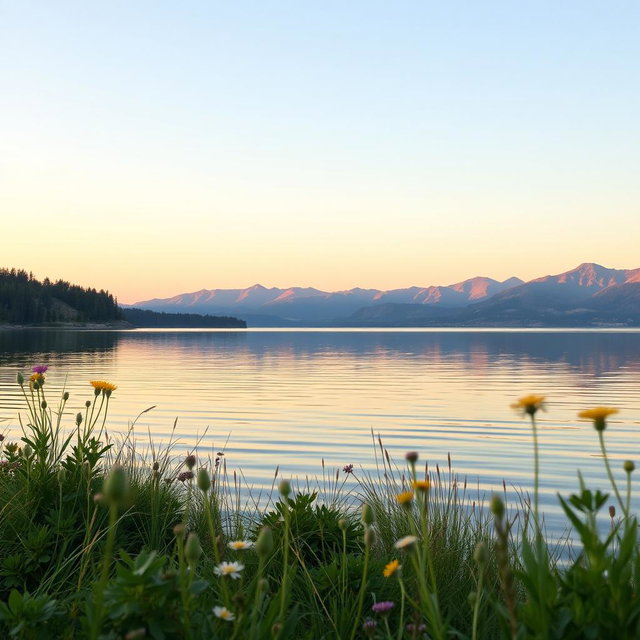 A serene lakeside scene for a book cover, featuring a tranquil lake reflecting soft pastel colors of the sunset