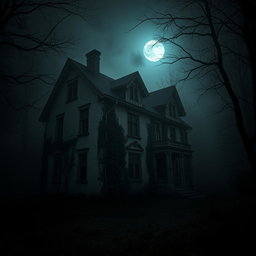 An eerie, abandoned mansion at night, surrounded by a dark forest with thick fog