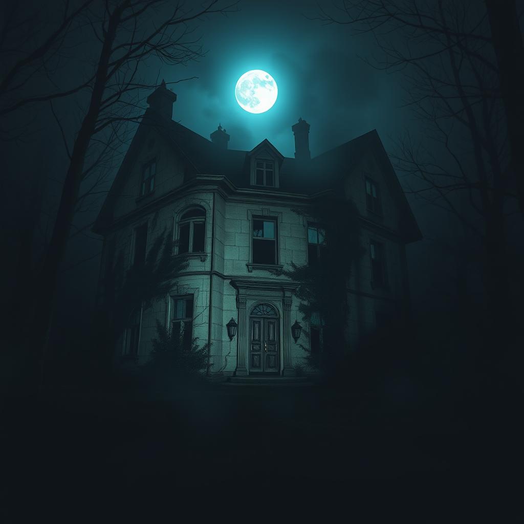 An eerie, abandoned mansion at night, surrounded by a dark forest with thick fog