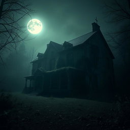 An eerie, abandoned mansion at night, surrounded by a dark forest with thick fog