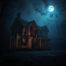 An eerie, abandoned mansion at night, surrounded by a dark forest with thick fog