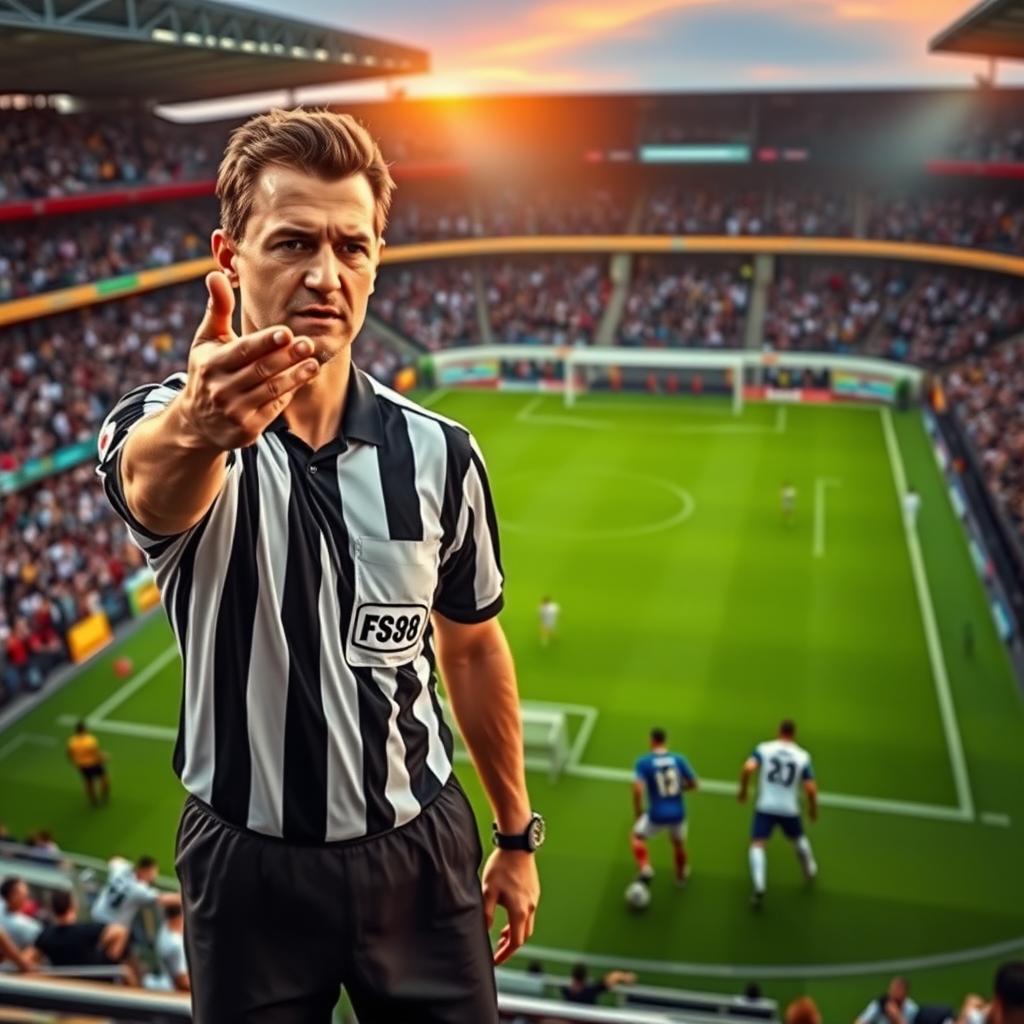A dynamic scene featuring a referee officiating an intense soccer match