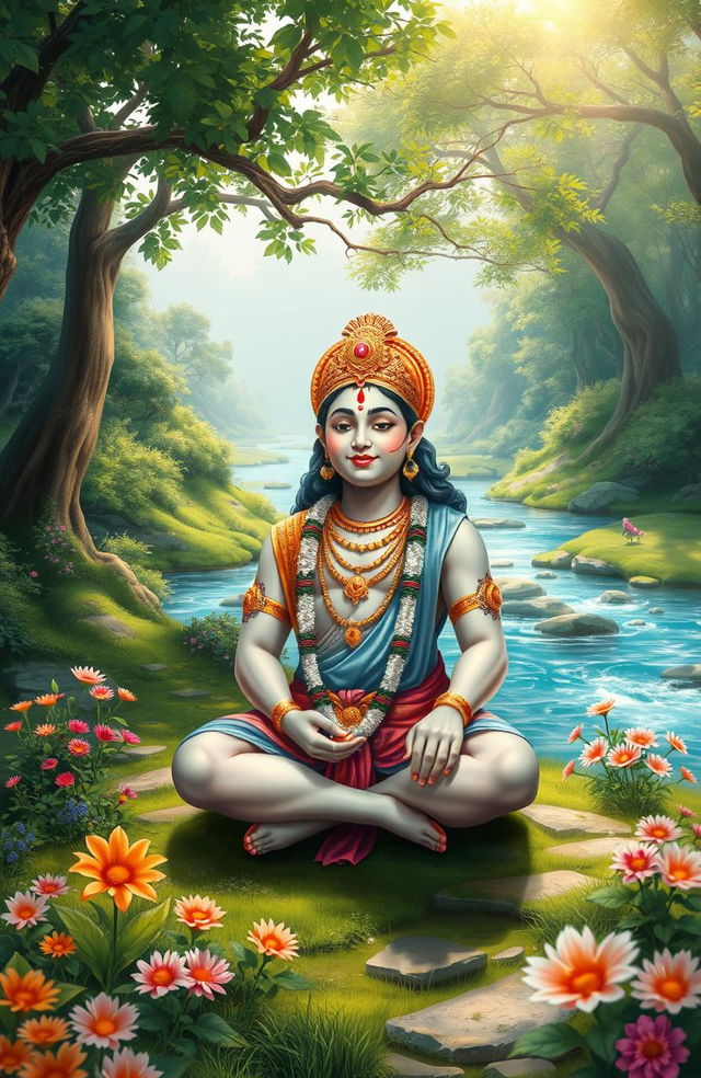 A serene and vibrant digital painting of the Indian god Srichaitanya, depicted sitting peacefully in a lush natural landscape
