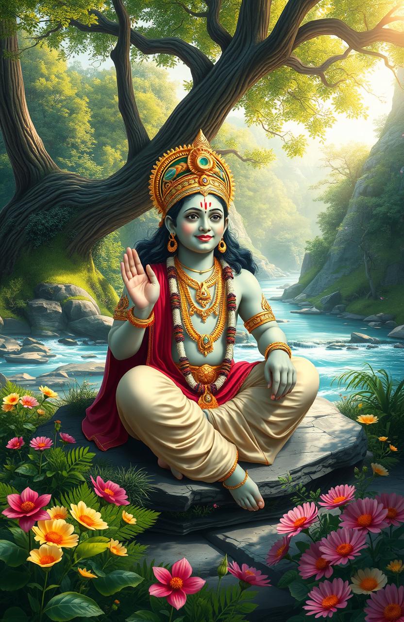 A serene and vibrant digital painting of the Indian god Srichaitanya, depicted sitting peacefully in a lush natural landscape