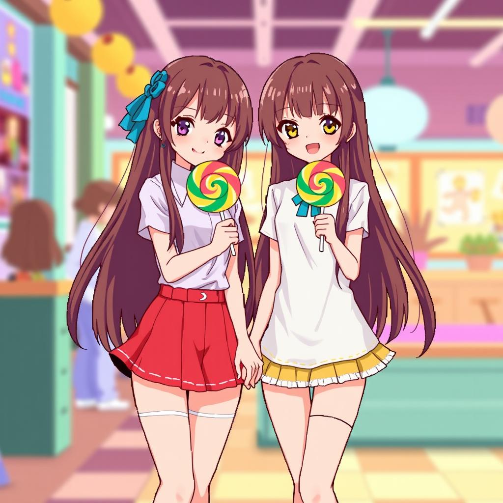 Two girls with long brown hair, both wearing stylish miniskirts, standing close together while holding hands