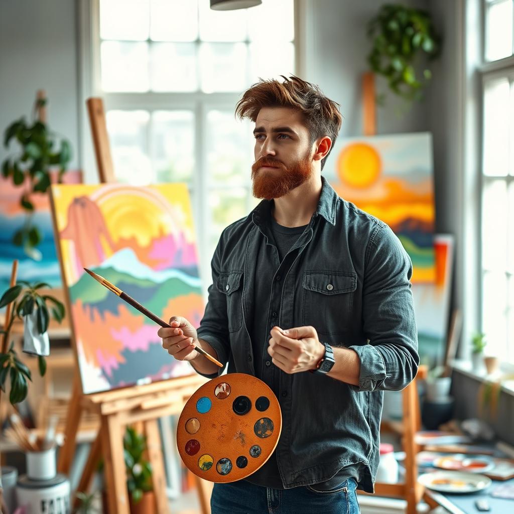 A handsome artist man with a thoughtful expression, holding a paintbrush and palette, standing in front of a canvas filled with vibrant colors