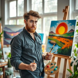 A handsome artist man with a thoughtful expression, holding a paintbrush and palette, standing in front of a canvas filled with vibrant colors