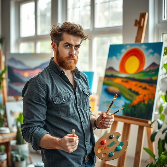A handsome artist man with a thoughtful expression, holding a paintbrush and palette, standing in front of a canvas filled with vibrant colors
