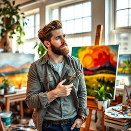 A handsome artist man with a thoughtful expression, holding a paintbrush and palette, standing in front of a canvas filled with vibrant colors