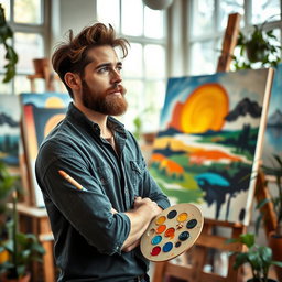 A handsome artist man with a thoughtful expression, holding a paintbrush and palette, standing in front of a canvas filled with vibrant colors