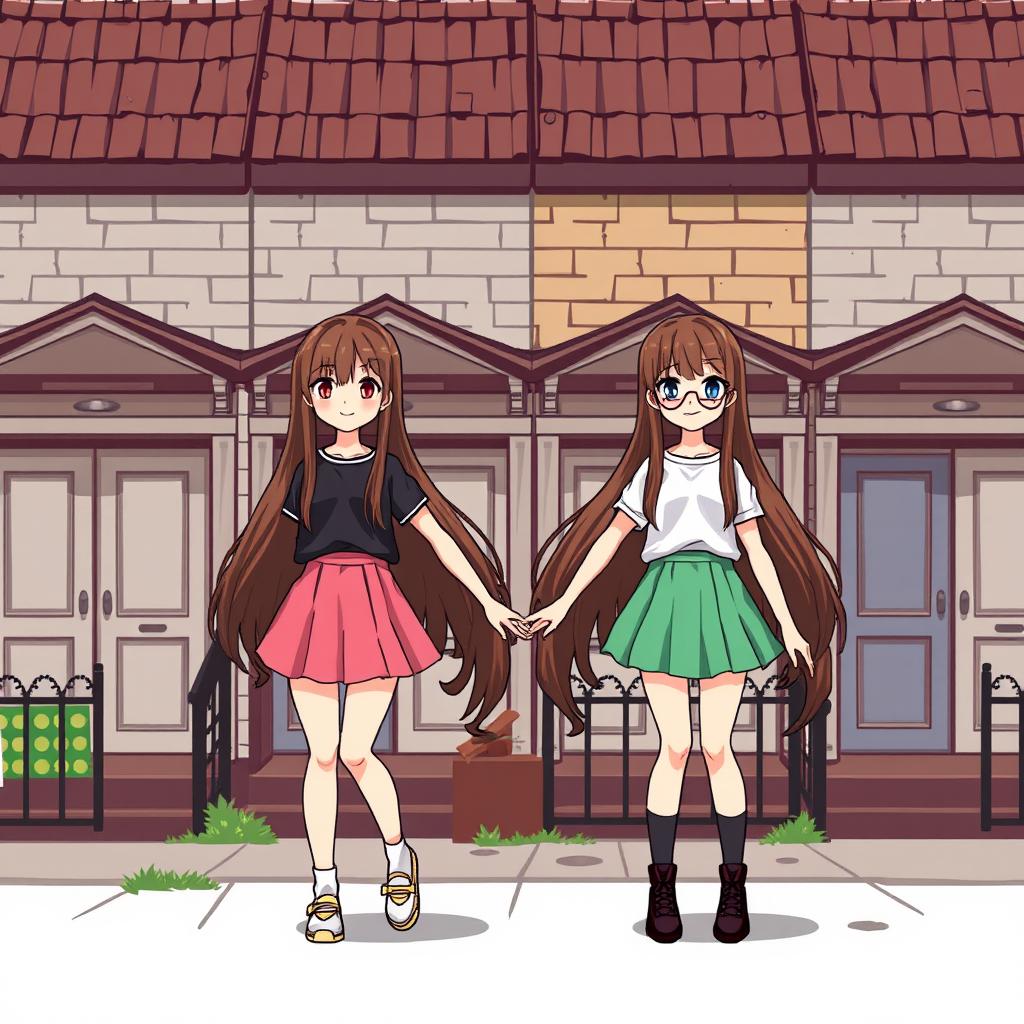 Two girls with long brown hair, each wearing fashionable miniskirts, holding hands in front of a row of shabby panel houses