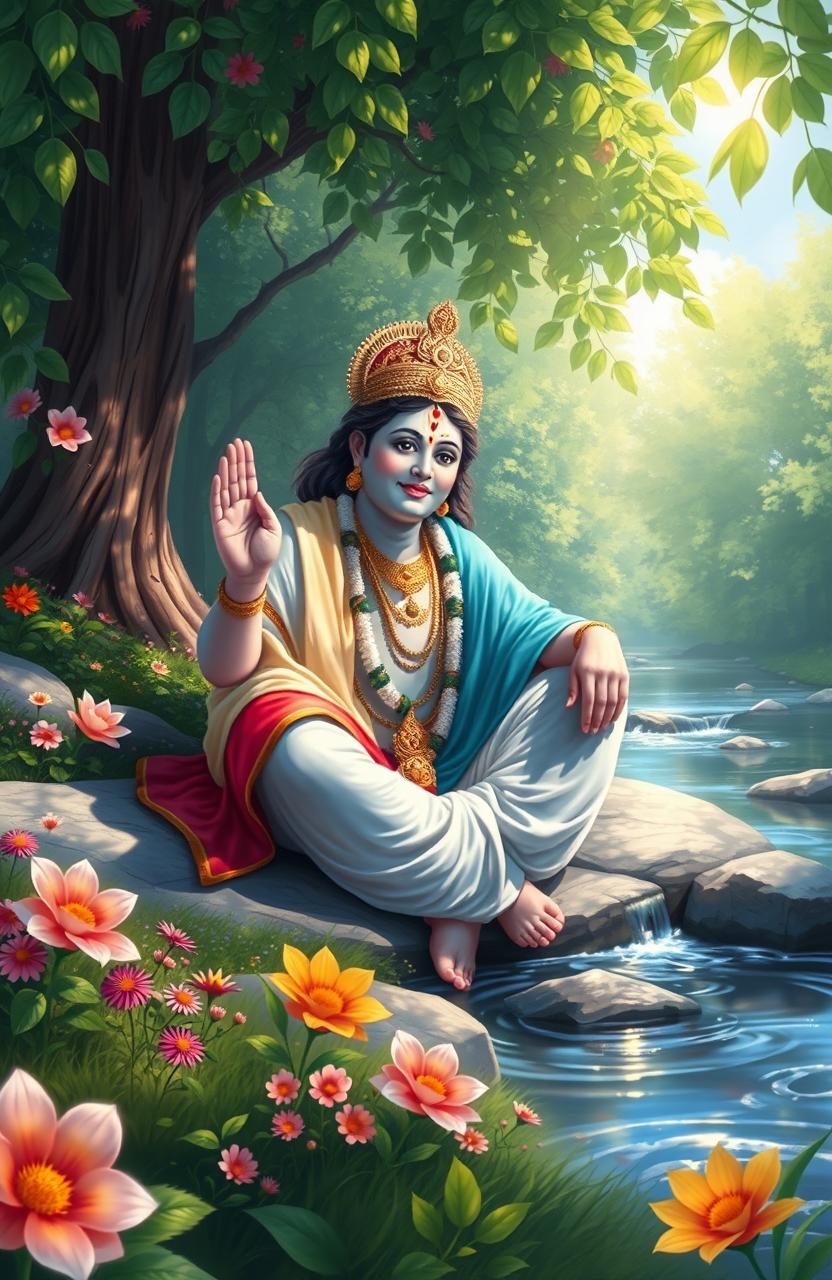 A vibrant digital painting of Lord Sri Chaitanya, depicted seated gracefully in a serene natural setting