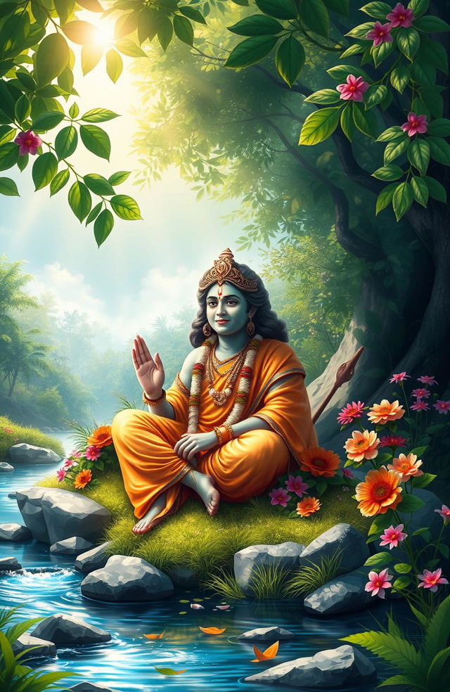 A vibrant digital painting of Lord Sri Chaitanya, depicted seated gracefully in a serene natural setting