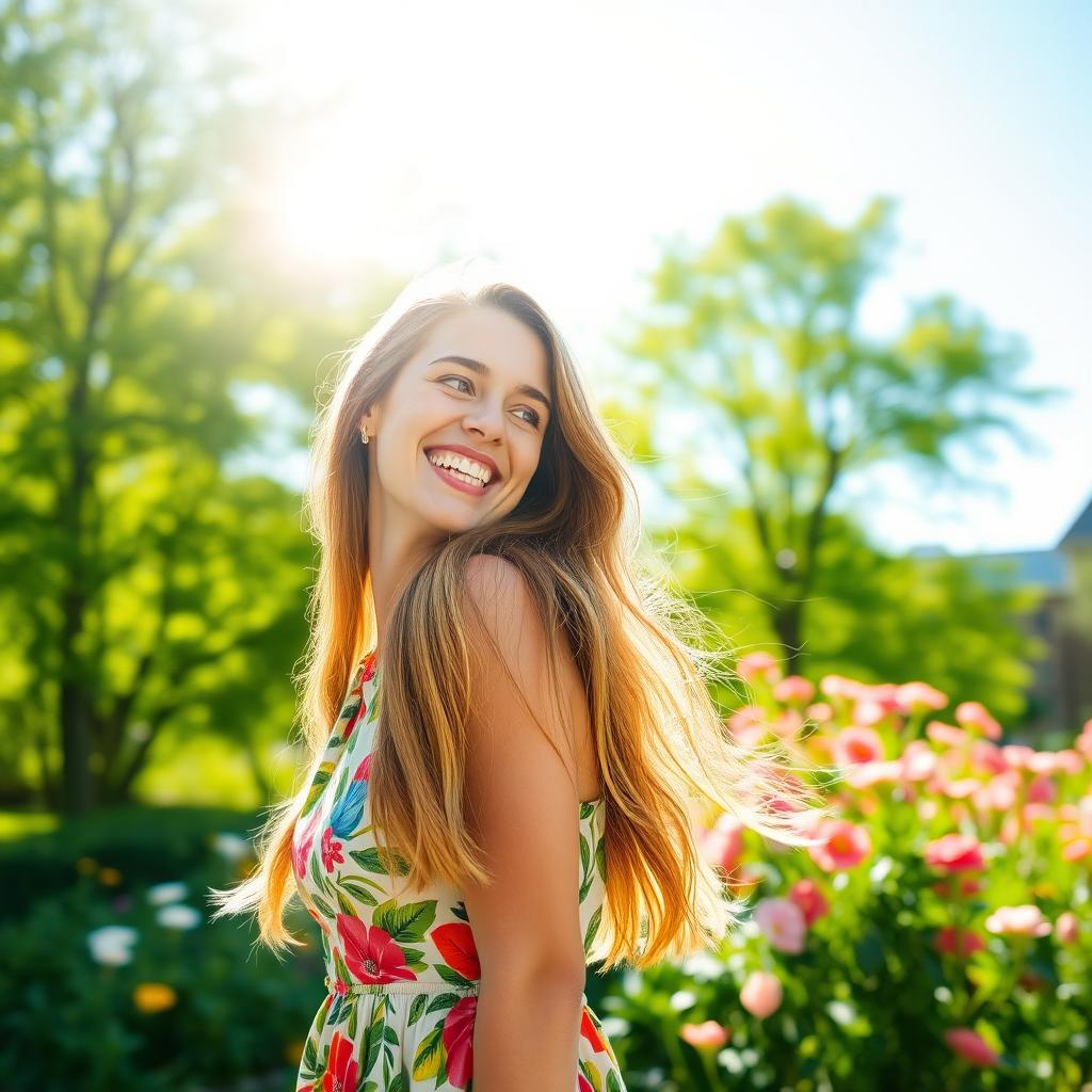 A joyful and radiant woman with long, flowing hair, wearing a colorful summer dress, smiling brightly while standing in a lush green park surrounded by blooming flowers