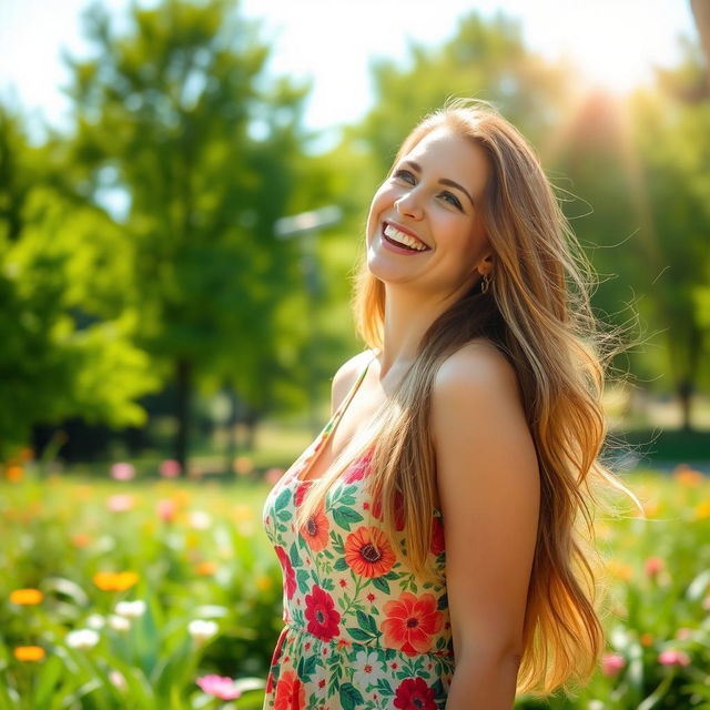 A joyful and radiant woman with long, flowing hair, wearing a colorful summer dress, smiling brightly while standing in a lush green park surrounded by blooming flowers