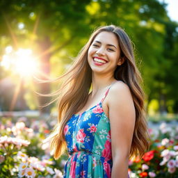A joyful and radiant woman with long, flowing hair, wearing a colorful summer dress, smiling brightly while standing in a lush green park surrounded by blooming flowers