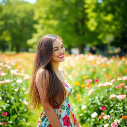 A joyful and radiant woman with long, flowing hair, wearing a colorful summer dress, smiling brightly while standing in a lush green park surrounded by blooming flowers