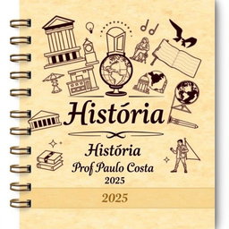 A notebook cover design featuring various elements related to the subject of History