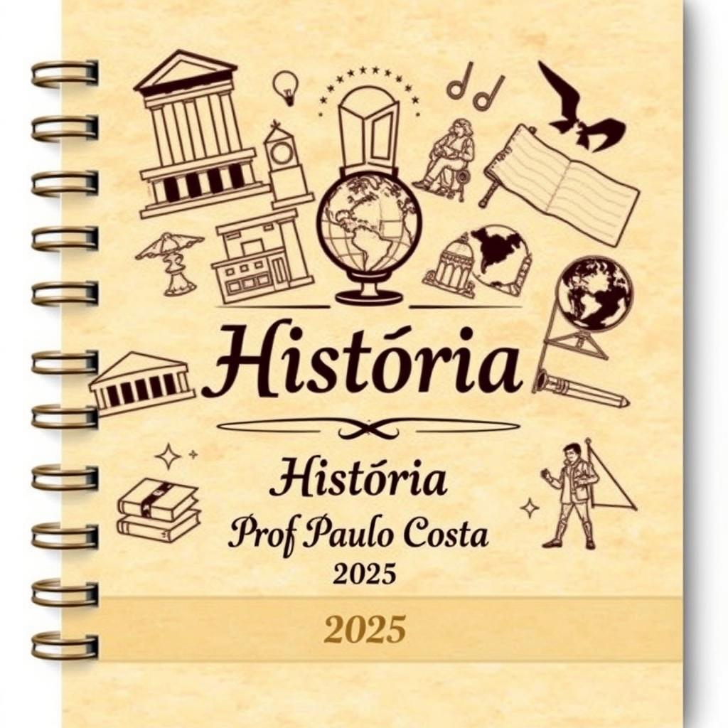 A notebook cover design featuring various elements related to the subject of History