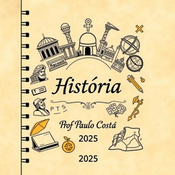 A notebook cover design featuring various elements related to the subject of History