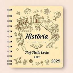 A notebook cover design featuring various elements related to the subject of History