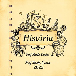 A notebook cover design featuring various elements related to the subject of History